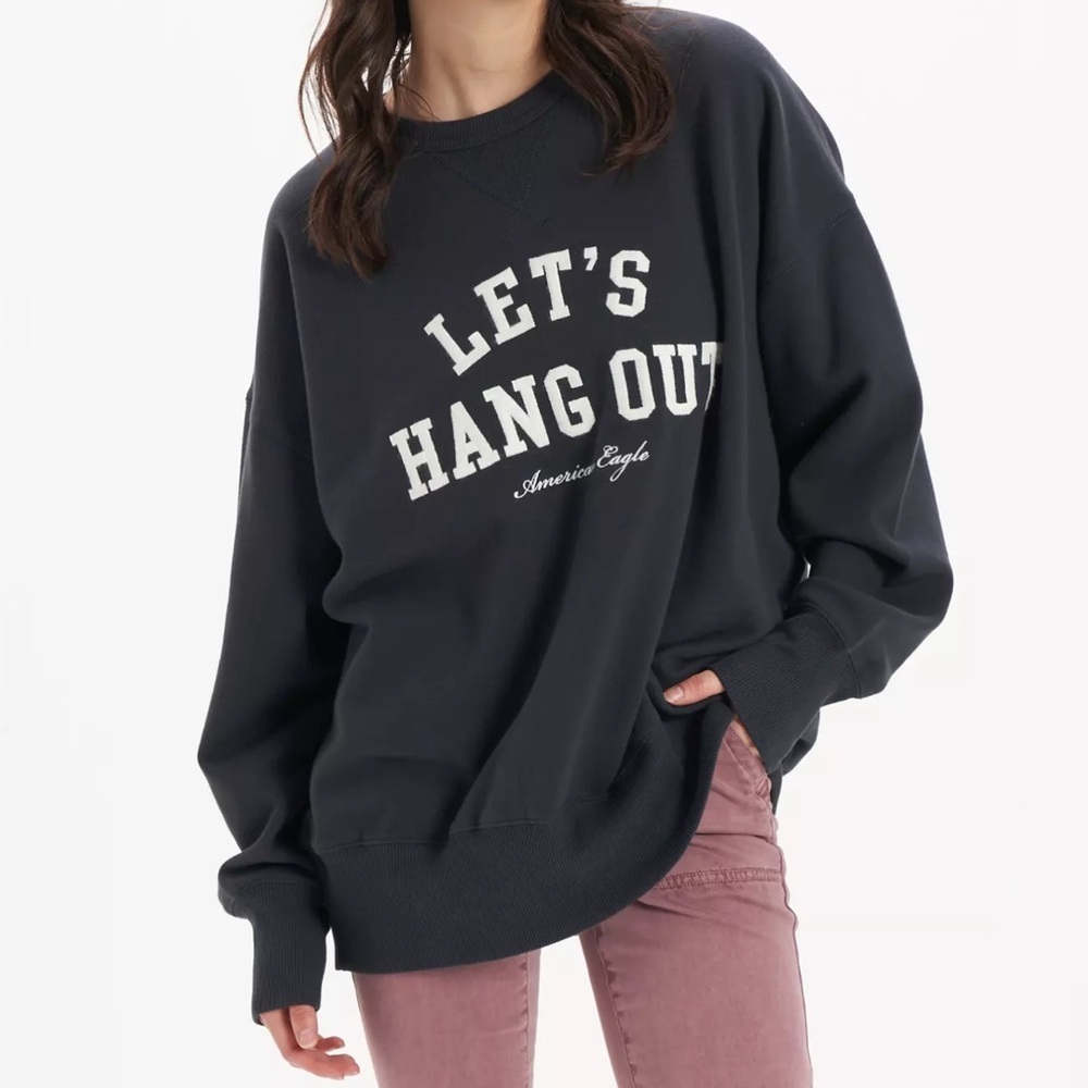 AE Charcoal Crew Neck Oversized Sweater with “Let’s Hang Out” Embroidered